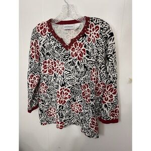 Alfred Dunner L Red & Black Studded Floral 3/4 Sleeve Sweater